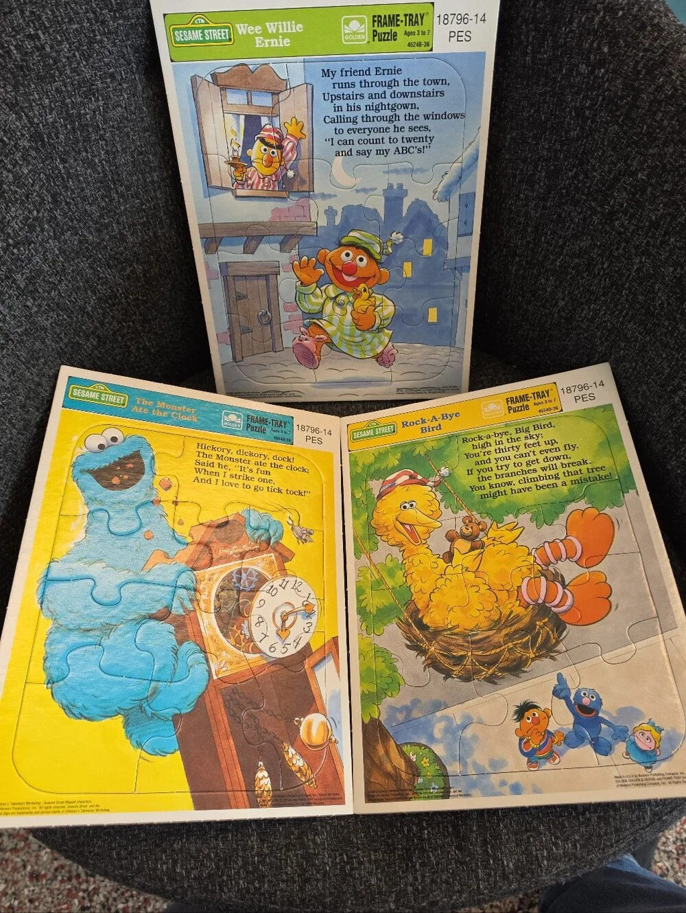 Lot 3 Vintage 1989 Golden Sesame Street Frame-Tray Puzzles Nursery Rhymes
